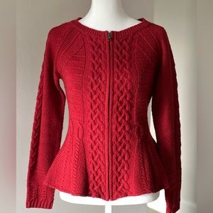 Anthropologie Sparrow Deep Red Wool Blend Peplum Sweater Zip Cardigan Size S